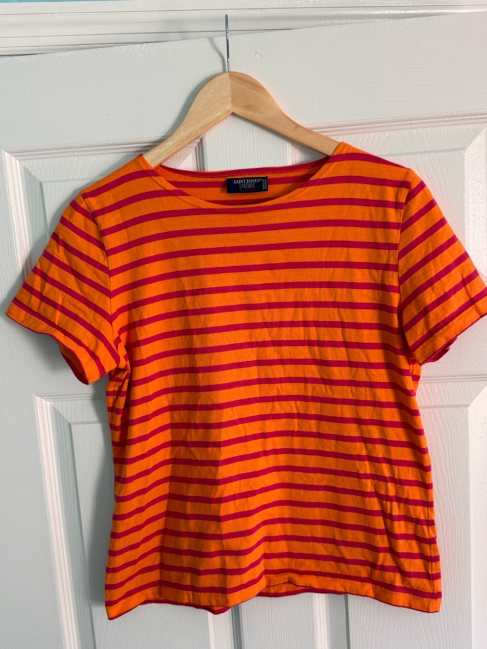 Saint James L’atelier breton striped t shirt is neon/acridule. Size 8